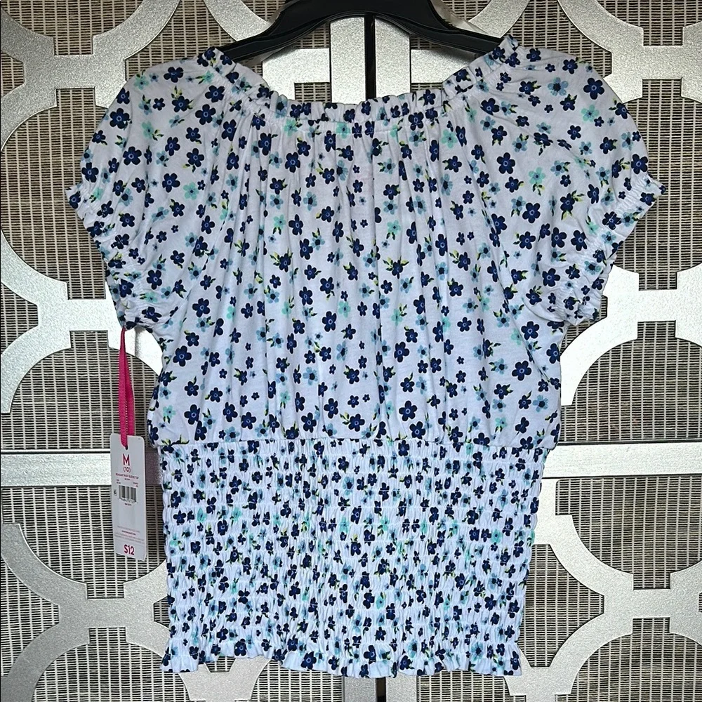 NWT kids Justice Blue and White Puff Sleeve Blouse
